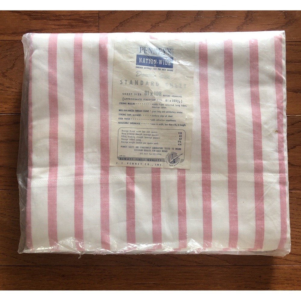 Vintage Pennys Nation Wide Muslin Flat Sheet 81x108 Pastel Pink White Stripe USA